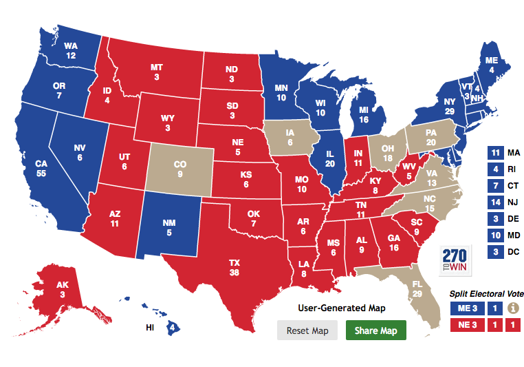 你对2016美国大选最终红蓝州分布地图的预测是怎样的