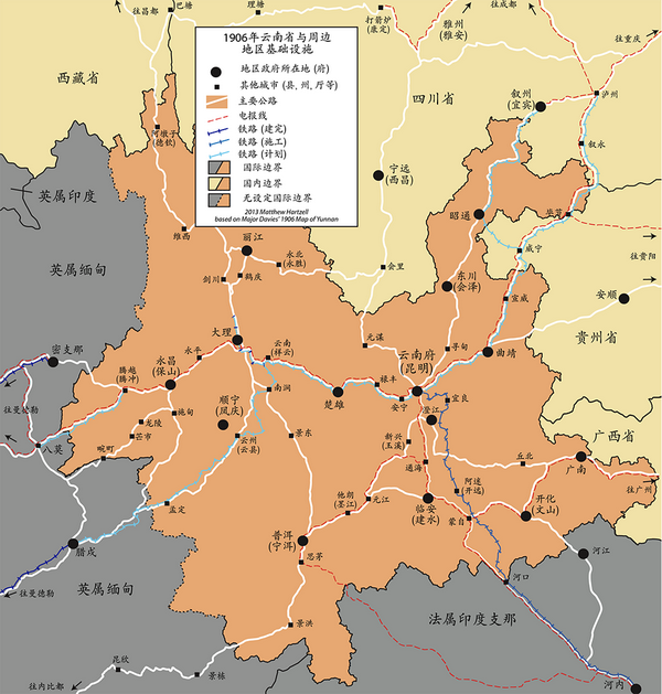 我们先看一下清末时期的云南省(与周边省及国家)地图.