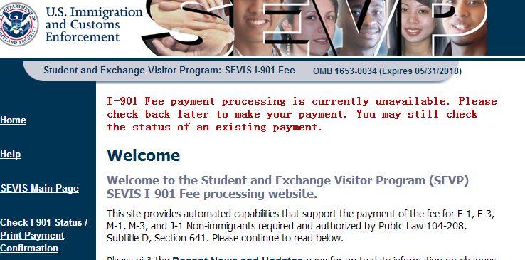 想要交sevis费,可是网页总是提示无法使用,有没