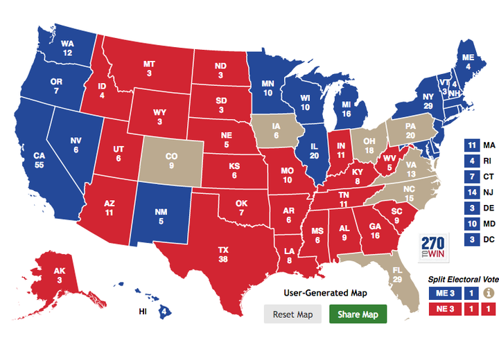 你对2016美国大选最终红蓝州分布地图的预测是怎样的?