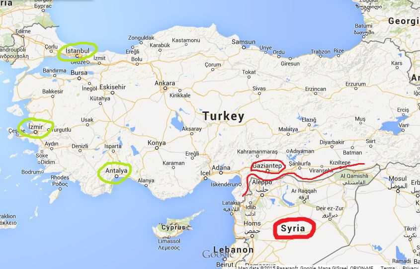 附上土耳其地图.划红线的地方是靠近叙利亚的地方,不建议去旅游.