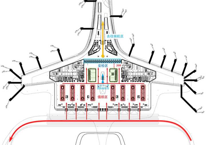 我们来看一下深圳机场的平面布局: l4层(旅客值机层及国内出发安检层