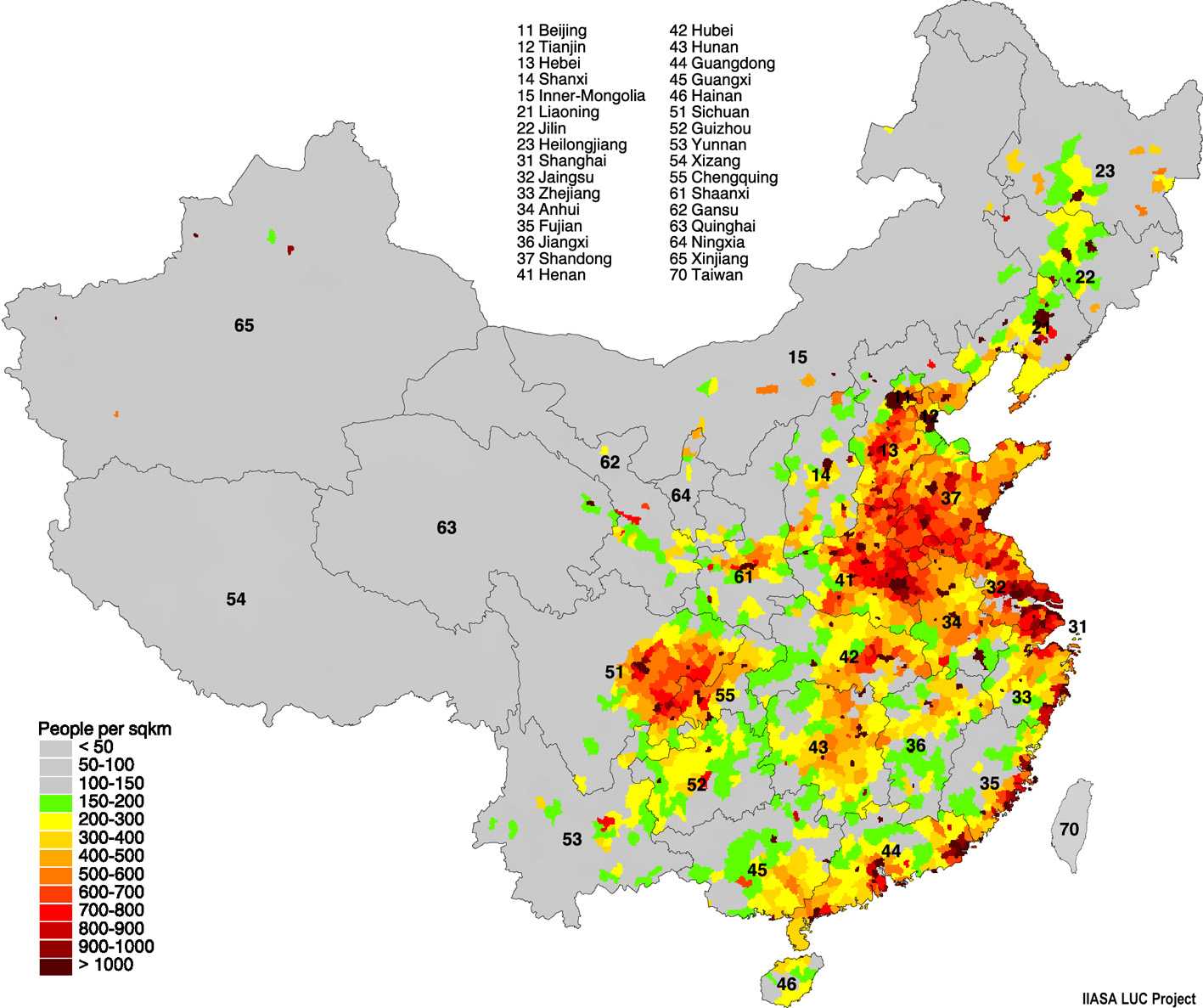 纸上谈兵哈 中国人口密度(成都在四川盆地51,55之间,西安在61) 中国