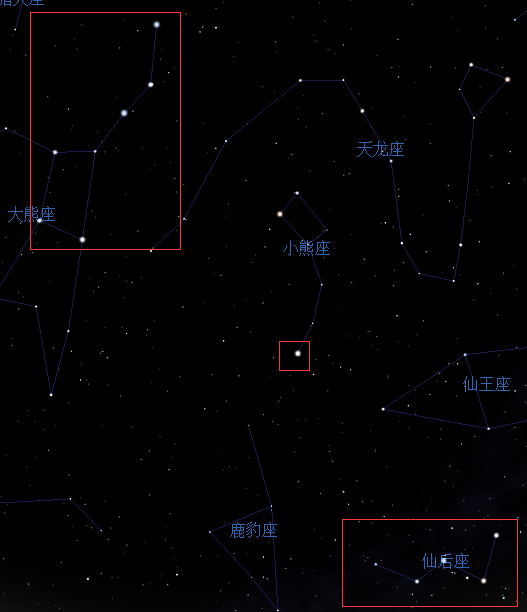 北斗七星相对北极星的另一侧稍稍偏一点的位置,可以找到5颗w状较亮