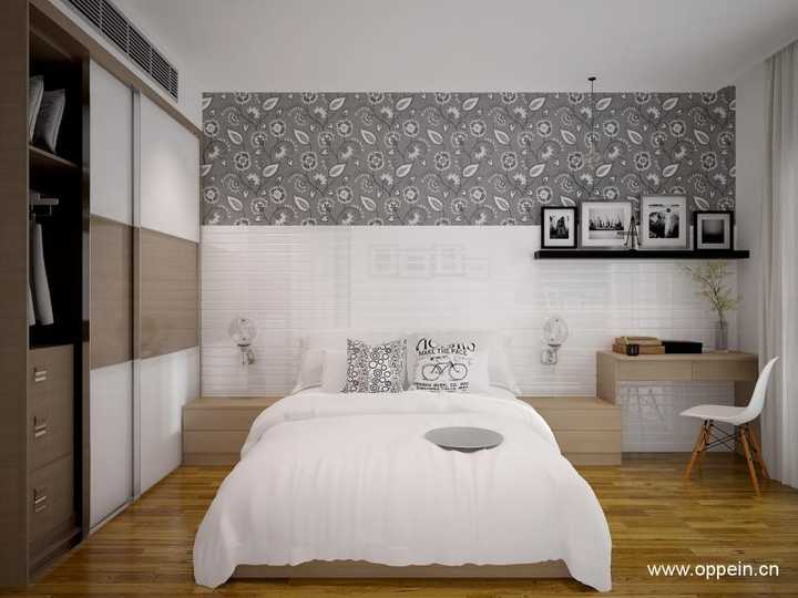 卧室空间用色偏素雅     整体雅致富有品位     床头柜定制  连体书桌