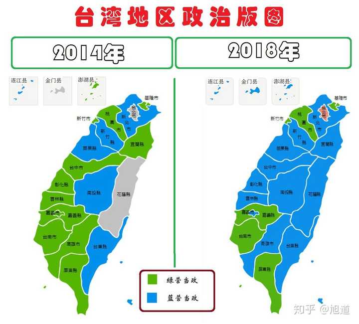 已经天翻地覆了,首先来看一下2018年九合一选举后,台湾蓝绿版图的变化