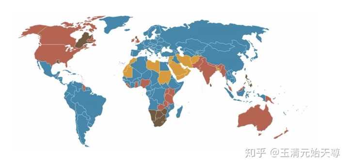 蓝色是大陆法系;红色是海洋法系;棕色是混合法系;屎黄色是伊斯兰法系