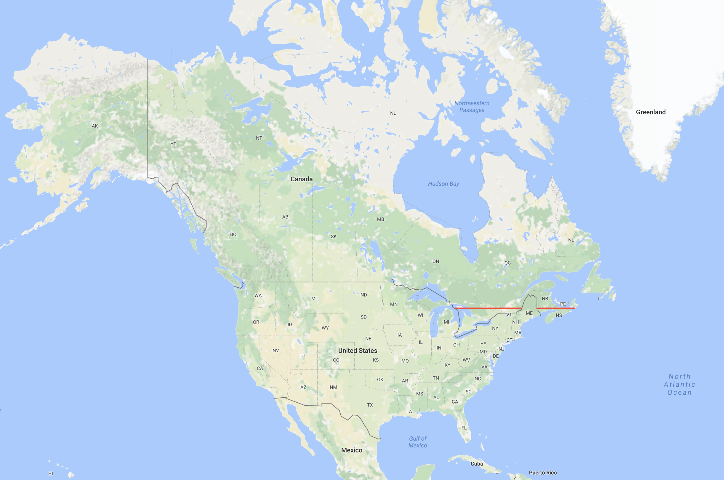 加拿大超过50%的人口住在这根红线以南.  显示全部