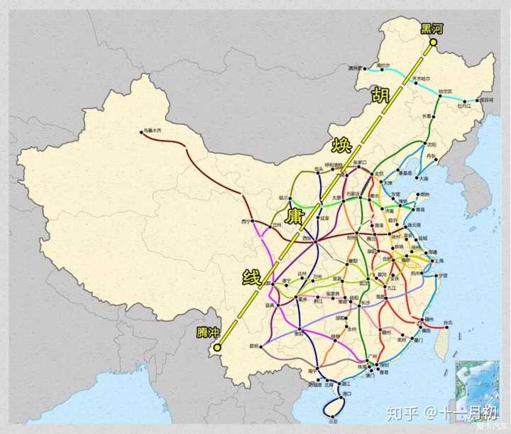 4,交通网络分界线 (1)中国"八纵八横"高速铁路网几乎都在胡焕庸线的