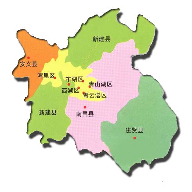南昌市行区划图,其中新建区(原新建县)被拦腰砍断.