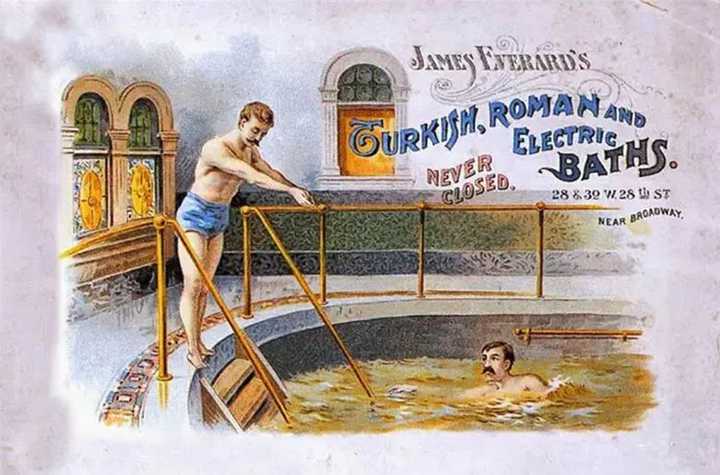 上世纪某家土耳其浴室的广告画,画上写"永不关门"