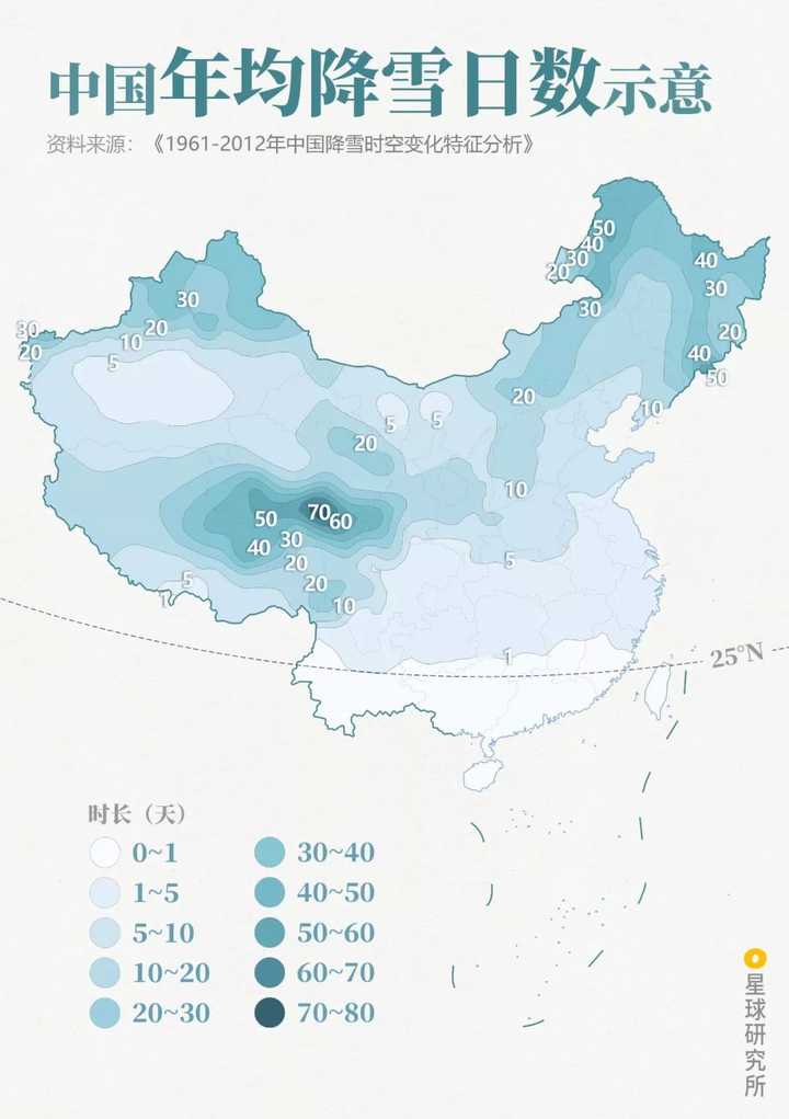 中国年均降雪日数,不含雨夹雪,制图@郑伯容&巩向杰/星球研究所