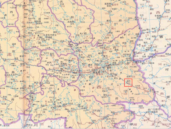 上一张中国历史地图集里的陕西地图,这张图是明万历十年的,1582年,距