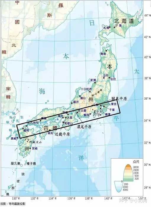 这是日本,矩形内是本州岛三大平原 濑户内海沿岸地区,大约30%的领土