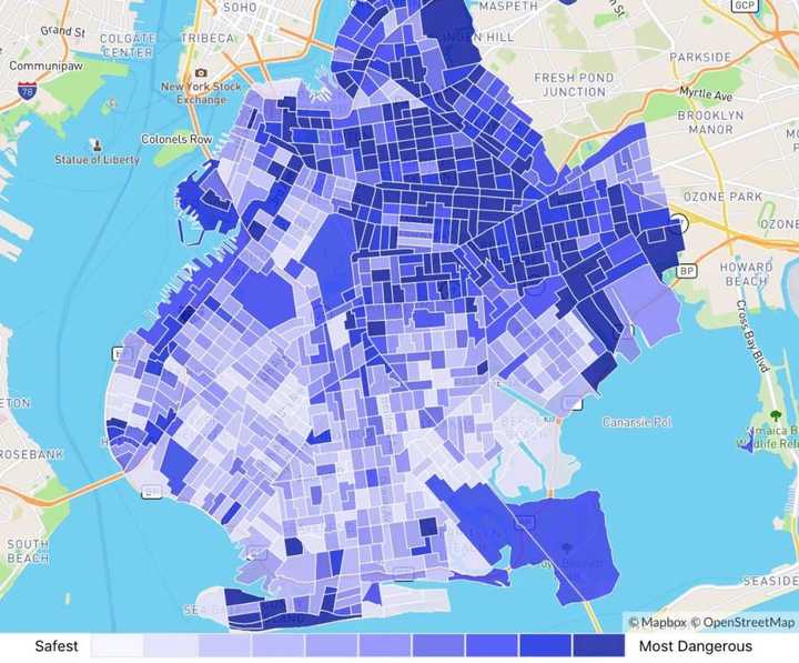 布鲁克林区安全地图(每个区域的颜色等级按照区域本身划分)