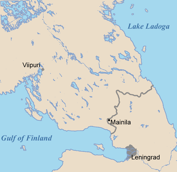 麦尼拉(mainila)在卡累利阿地峡上的位置,图为战前的芬苏国界