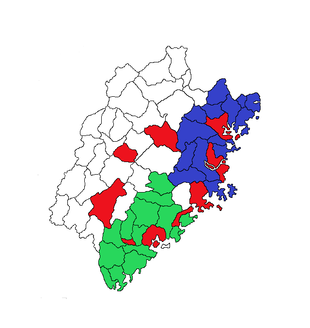 蓝色部分为闽东民系,绿色为闽南民系,红色为各地级市的市辖区