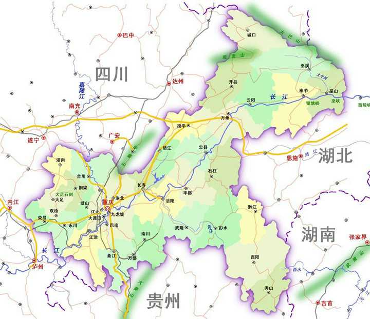 图七,图八是重庆市行政区域图,可以看到与东部两湖地区和贵州接壤,有