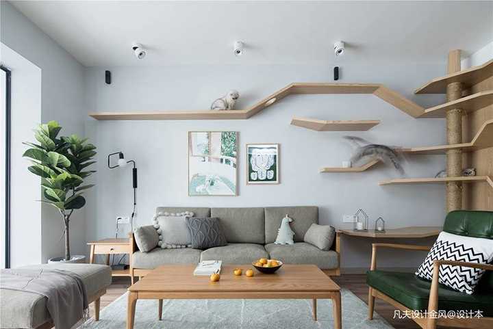 北欧风格的客厅墙上的猫爬架也起到了很好的装饰作用