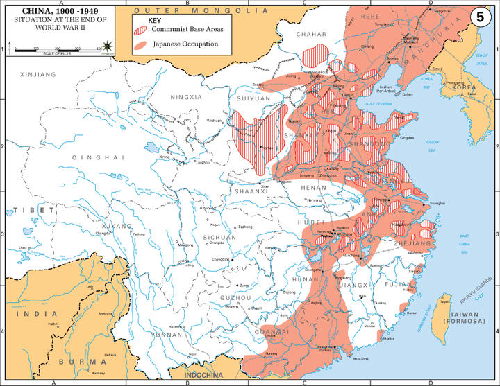 1945年日本占领区(红色)及中国共产党抗日根据地(红条)
