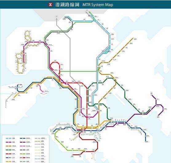 粗线为港铁,西北部细线为轻铁,港岛上的细线为有轨电车.