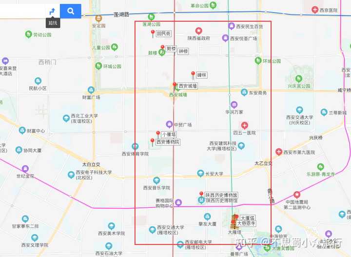 西安北郊景点分布图 图源:百度地图 西安城内: 大雁塔,小雁塔,钟楼