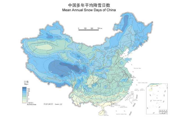 中国年均降雪日数图