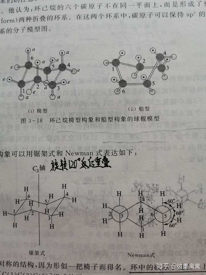 上图表示椅式,船式构象的球棍模型,而椅式比船式更稳定;另有扭船式