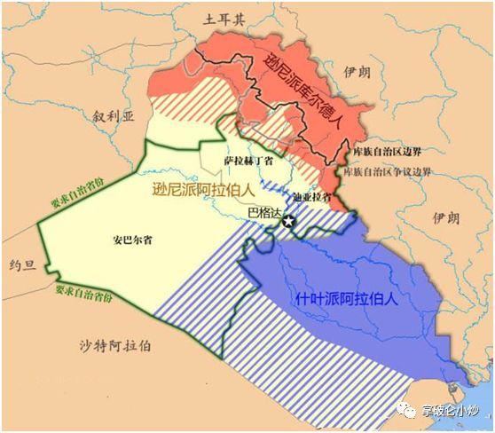 伊拉克穆斯林人口分属逊尼派和什叶派,人数差别不大,北部的库尔德人占
