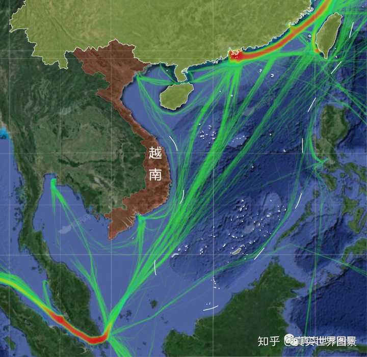 越南与国际航道空间关系示意图【底图为集装箱5000箱以上船舶轨迹图