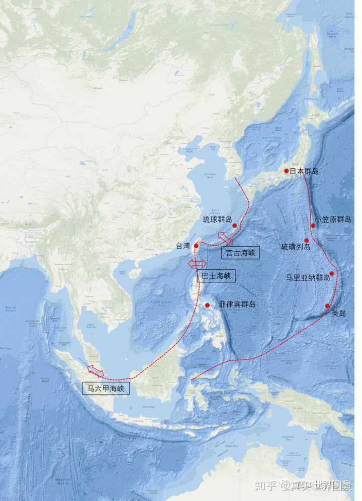 中国海域(渤海,黄海,东海和南海)与第一岛链,第二岛链的空间位置示意