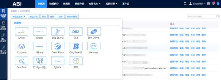 在亿信abi的数据配置-数据连接管理中新建好数据连接,保证数据连接