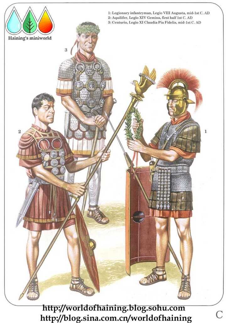 这三张插图展示了自奥古斯都始罗马帝国早期的士兵装备,基本以锁子甲