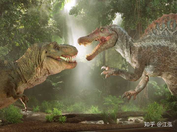 电影《侏罗纪公园3》中的霸王龙和棘龙,前肢对比太明显了