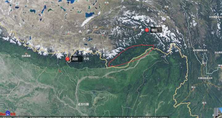 在以下地图中,1为洞朗2为墨脱的位置,红圈为藏南地区大概范围,再往下