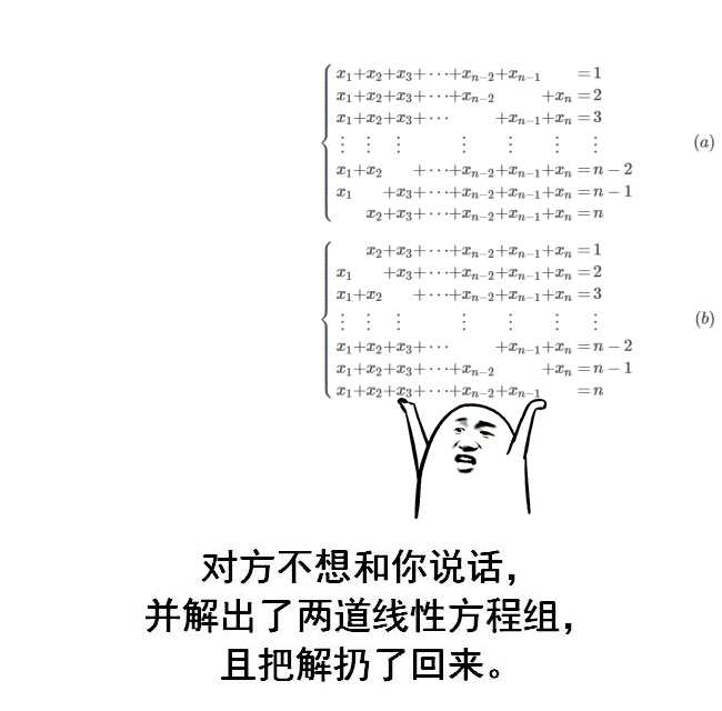 对方不想和你说话,并解出了两道线性方程组,且把解扔了回来.gif