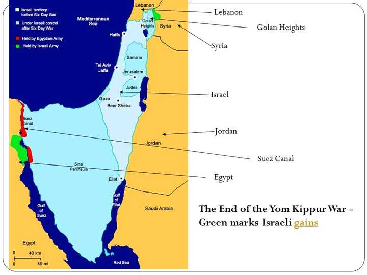 赎罪日战争的最终停火线,绿色部分是以色列攻入对方领土的区域
