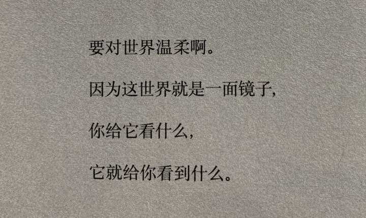 他说" 要对世界温柔啊,因为这世界就是一面镜子,你给它看什么,它就给