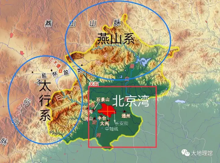 地形图上的太行,燕山与北京湾,北京城