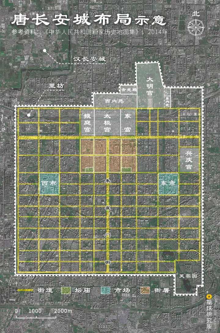 唐长安城布局示意,制图@陈随/星球研究所,卫星图源自高德地图