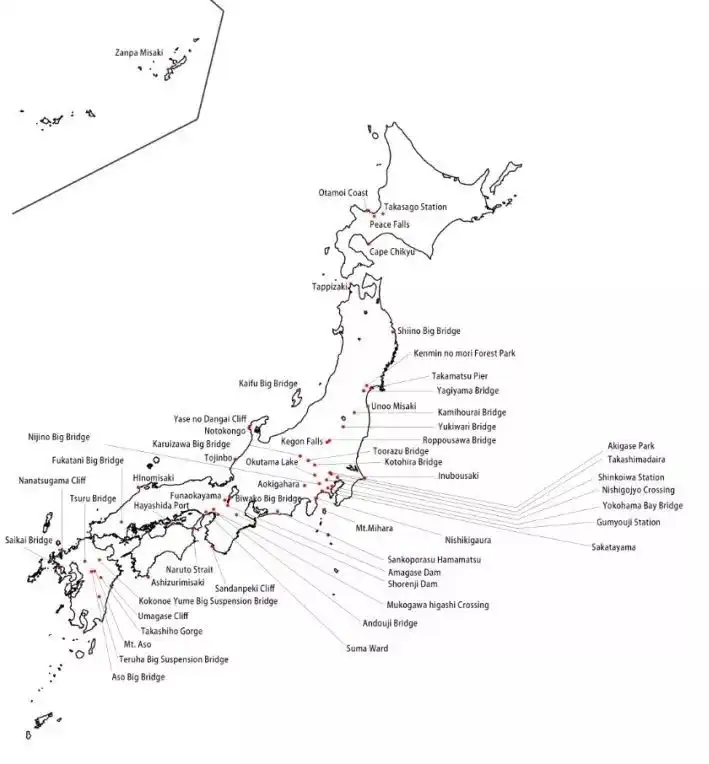 千贺健史制作的日本自杀地图 红点为日本自杀多发地