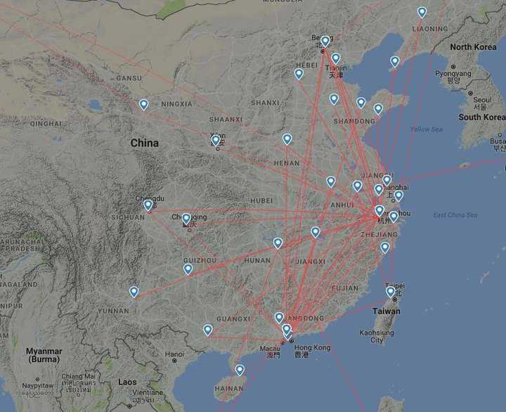 顺丰空运网络主要航线图(可以看到杭州和深圳的航线最为密集)