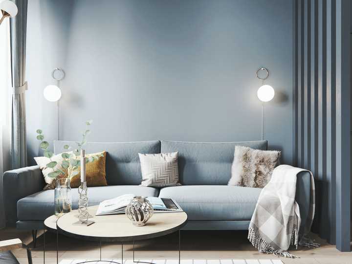 灰蓝色墙面配什么颜色的家具和窗帘?