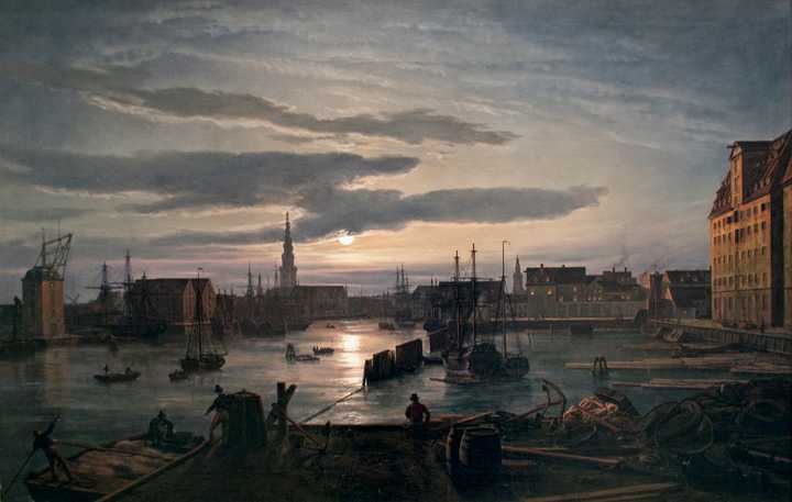 《月光下的哥本哈根港口,copenhagen harbour by moonlight》