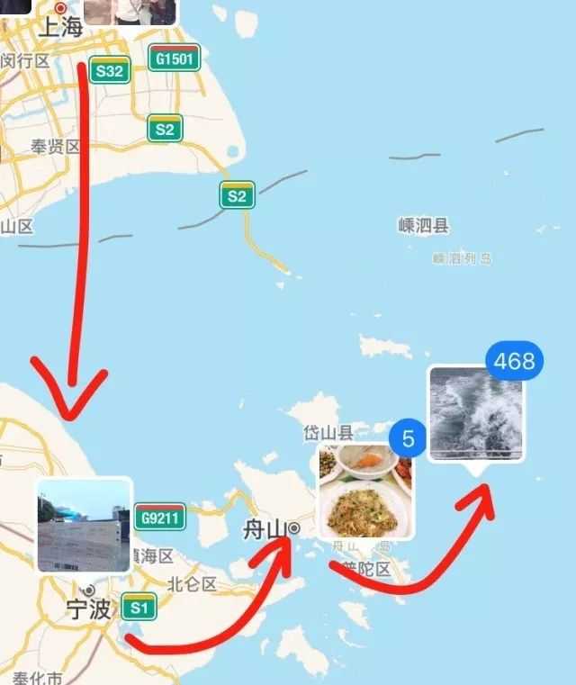 箭头所指,即【上海-宁波-舟山-东极列岛】路线