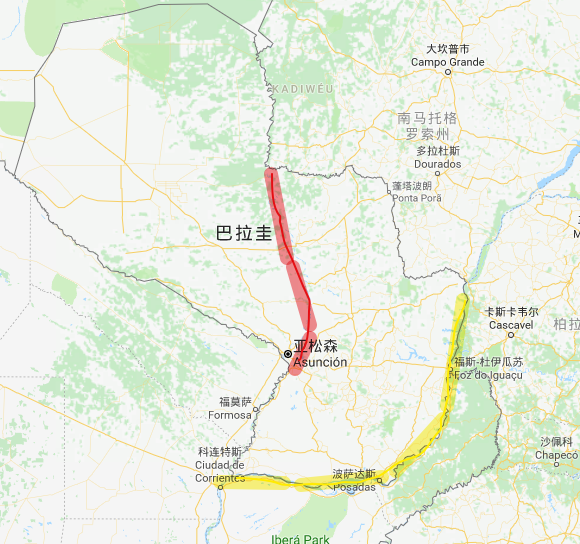 红色部分为巴拉圭河,黄色为巴拉那河