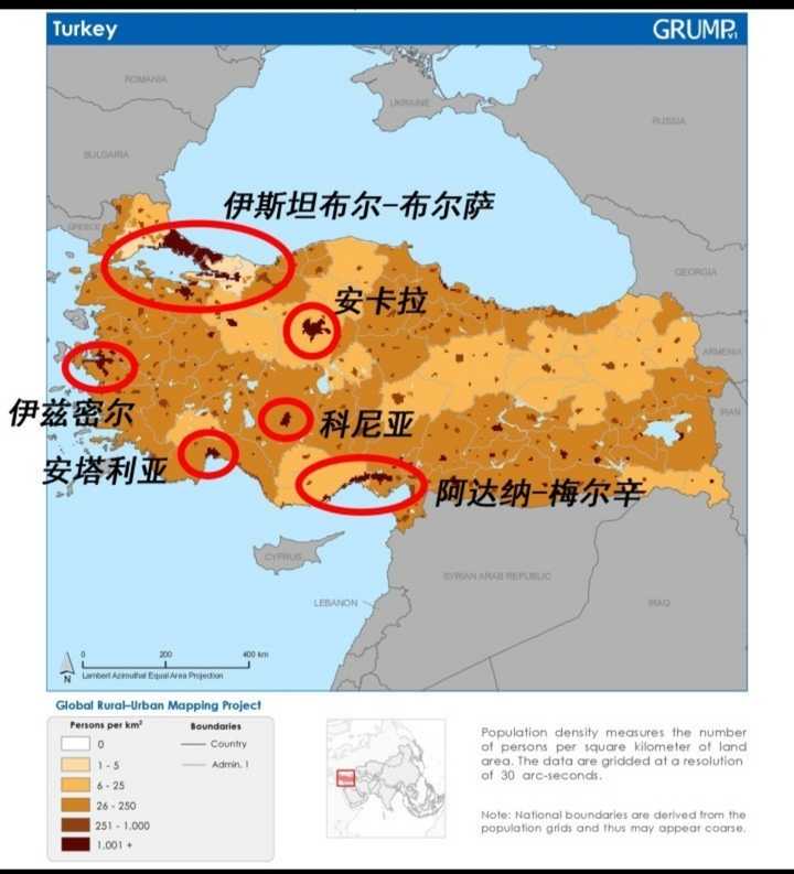 土耳其人口密度图,颜色越深人口密度越大