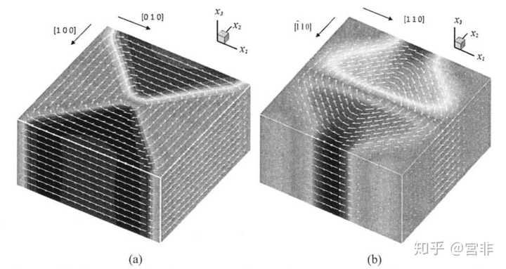 铁电单晶体的自发极化分布图,(a) 晶轴为 0゜的单晶;(b) 晶轴为 45゜