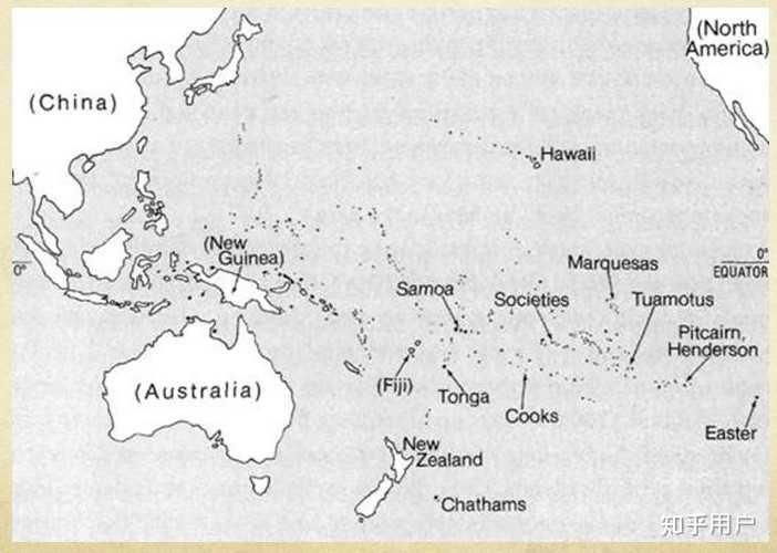 波利尼西亚地区地图;新西兰岛和chatham岛在地图最下方