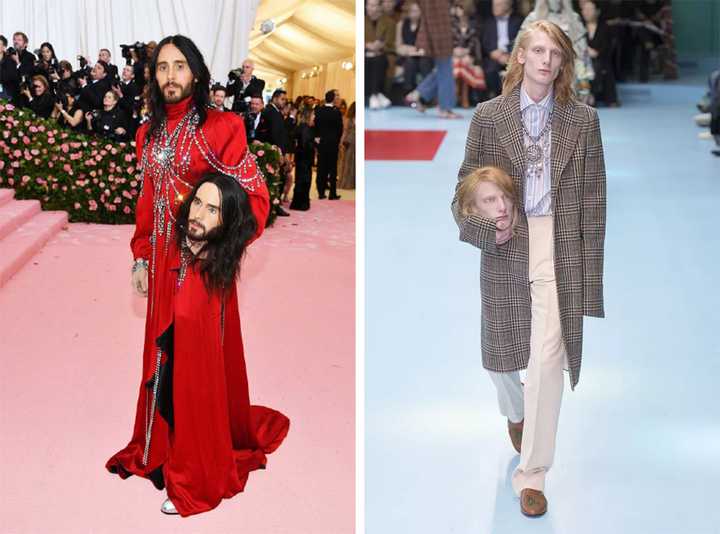 "人间gucci"莱托少爷的人头造型在gucci2018 秋冬秀场上演绎过.